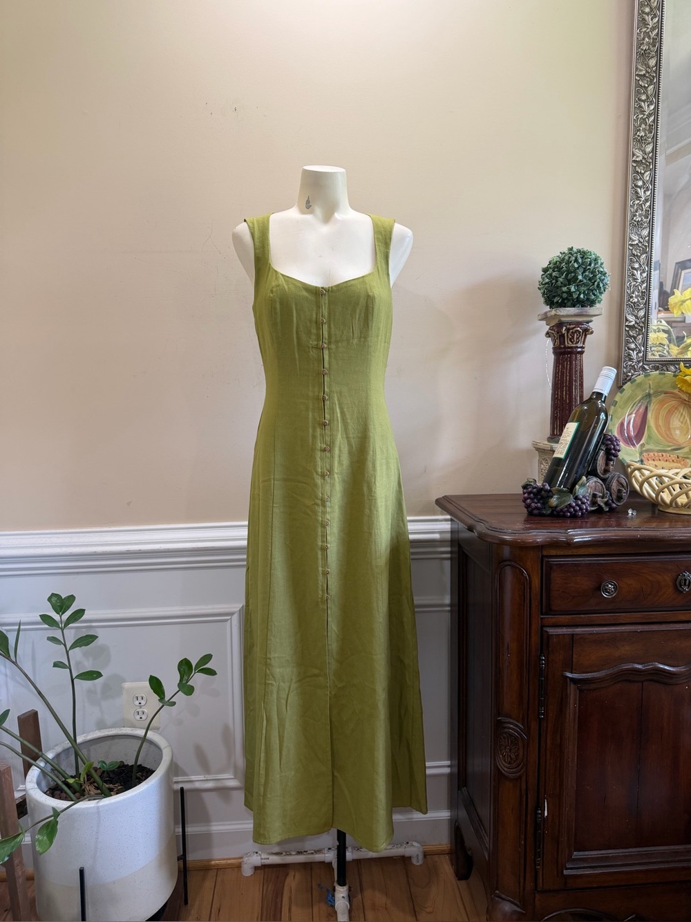 Zara Olive Green Sleeveless Button-Front Maxi Dress